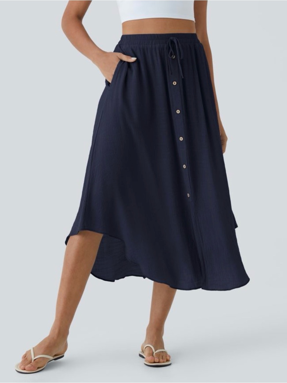 HALARA High Waisted Drawstring Pocket Flowy Midi Casual Skirt - Picture 3 of 6
